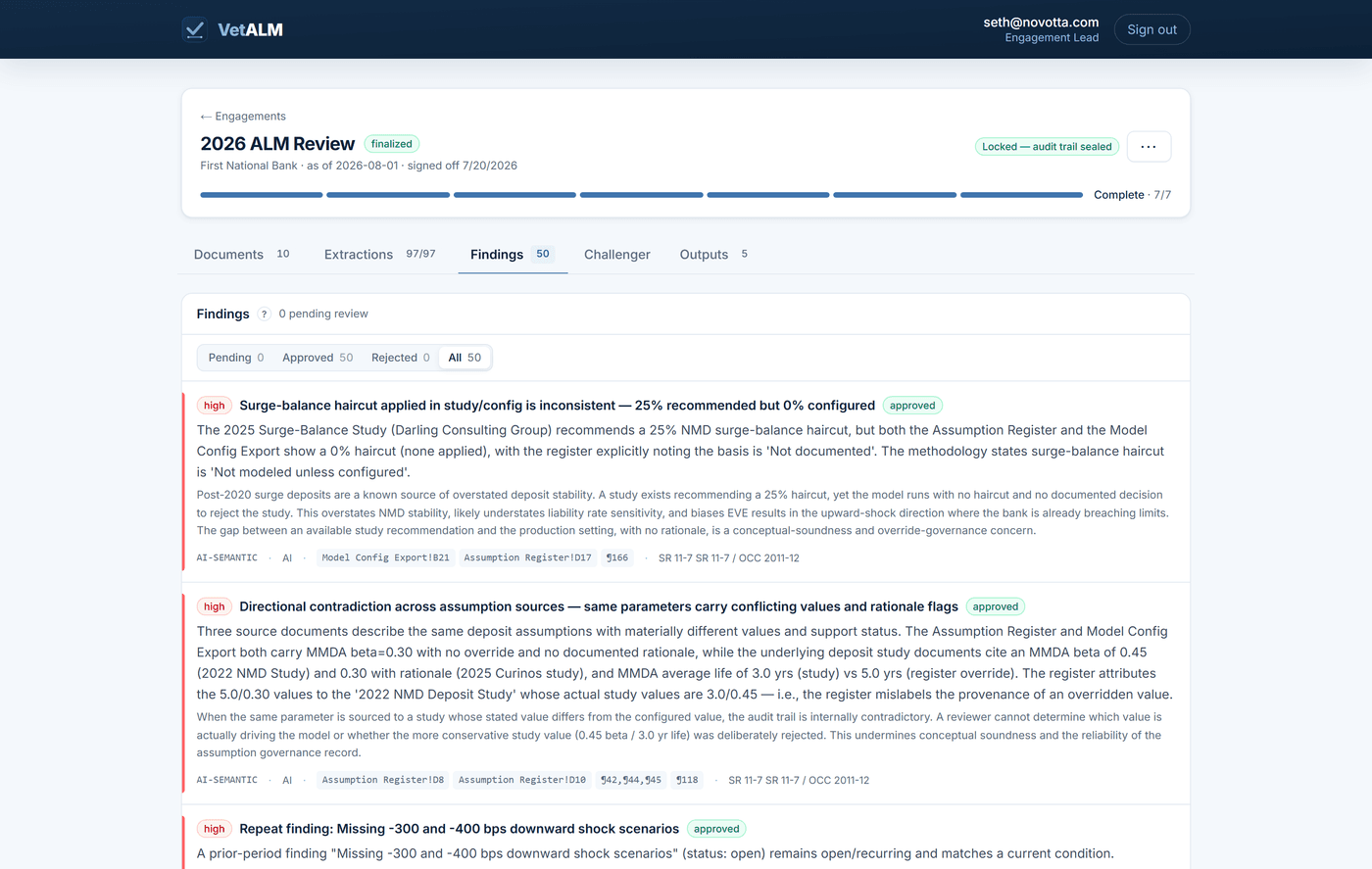 The VetALM findings review screen: a list of detected issues, each with a severity badge, an explanation, the rule that produced it, source citations, and a regulatory mapping.